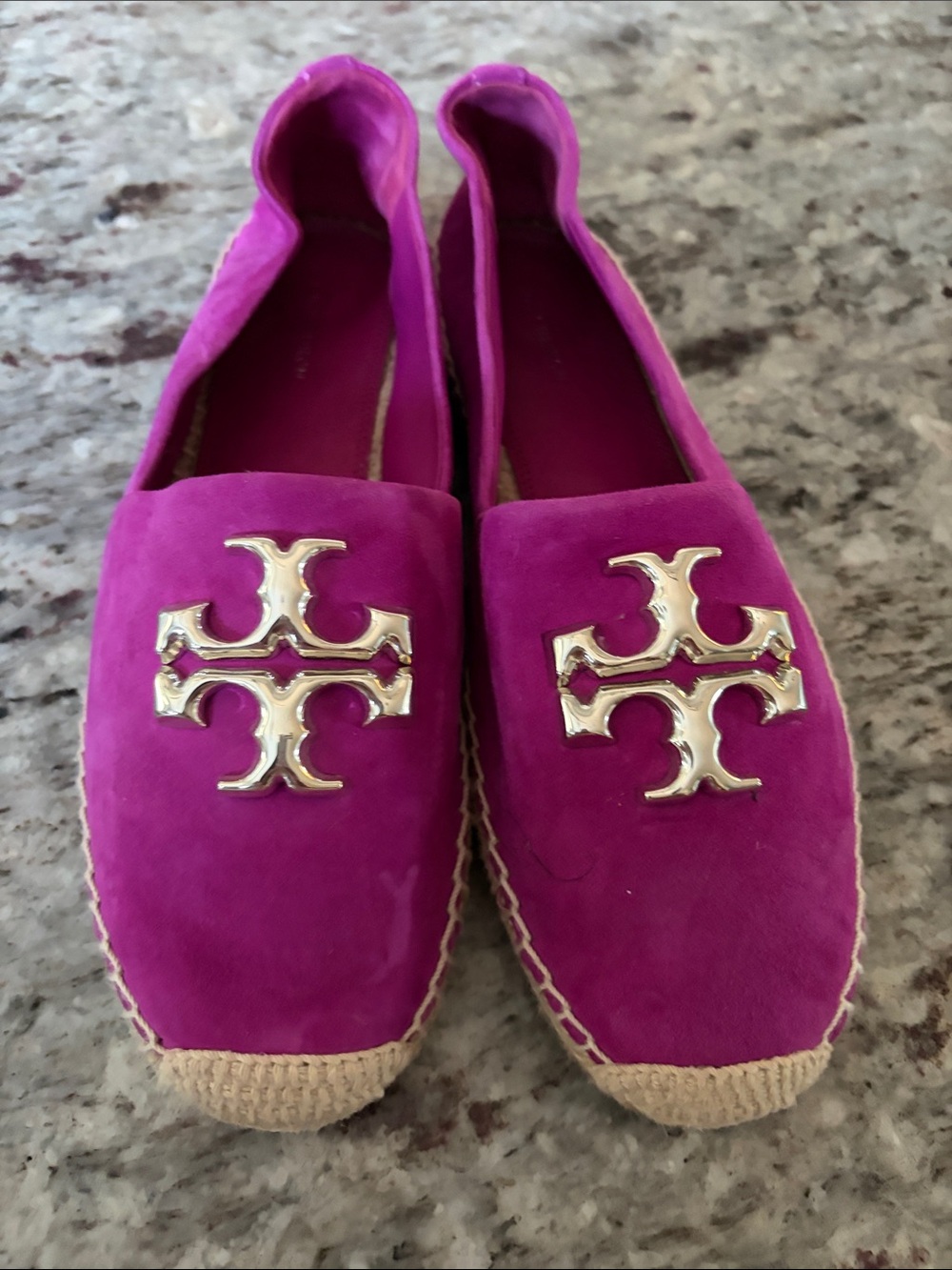 Tory Burch Fuchsia Suede Espadrille Flats with Gold Logo